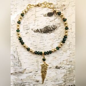 Dark Green Glass and Gold Beads in Gold Plated  Necklace With Fern Leaf  Pendant